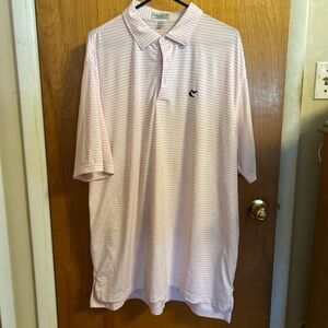 Peter Millar Men's Pink Striped Polo Shirt small stain near bottom see photo